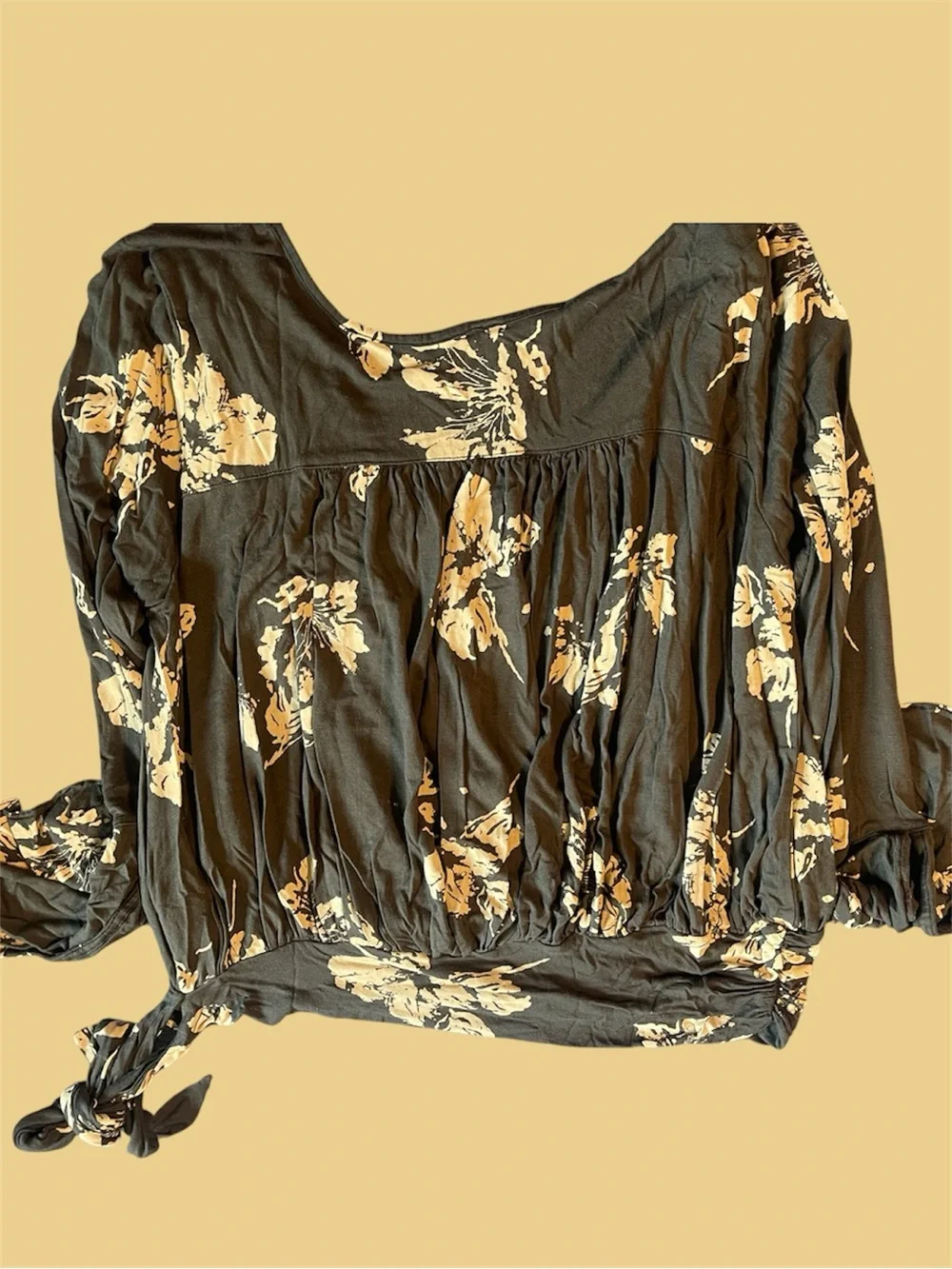 Free People Black Floral Wrap Crop Top with Yellow Print